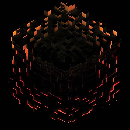 Dark geometric cube with glowing orange and red block details.