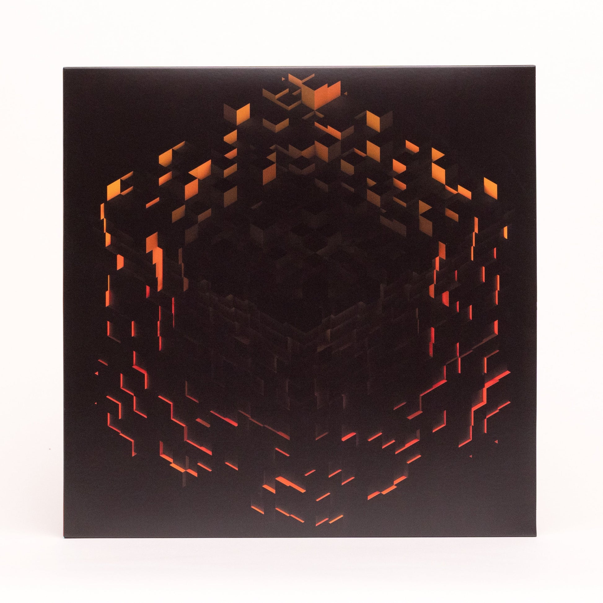 Black vinyl record cover with abstract, glowing orange Minecraft-style blocks.
