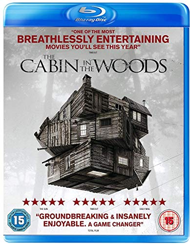 Blu-ray cover for The Cabin in the Woods featuring a floating, fragmented wooden cabin.