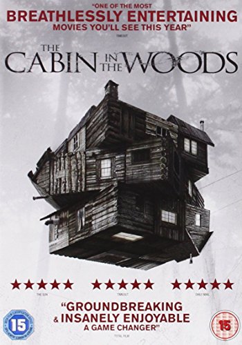 DVD cover for horror film "Cabin In The Woods" with tilted cabin.