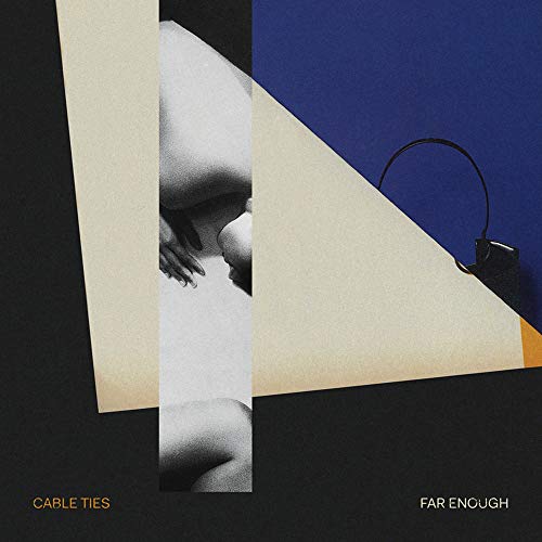 Abstract album cover with geometric shapes, a black and white figure, and blue background.