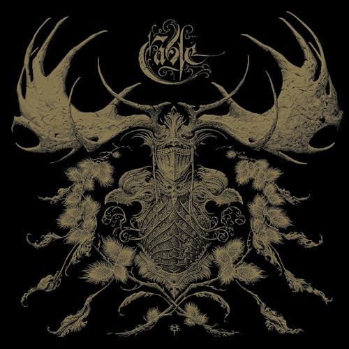 Intricate, symmetrical illustration of antlers and ornate floral design in gold.