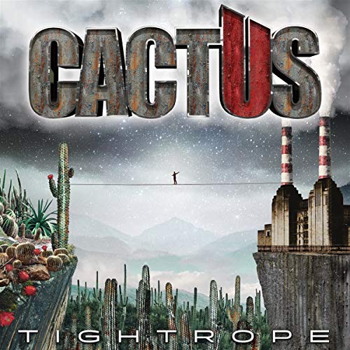 A person walks a tightrope between a cactus-filled cliff and a factory with smokestacks.