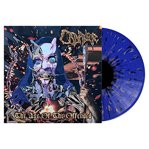 Album cover with a decayed figure and a blue marbled vinyl record.