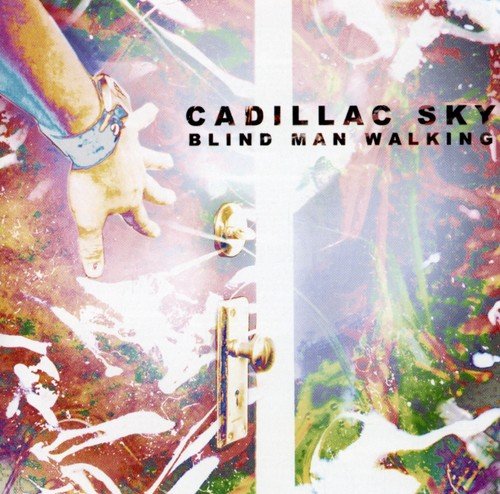 "Album cover with abstract design, hand reaching through door, and 'Cadillac Sky' text."