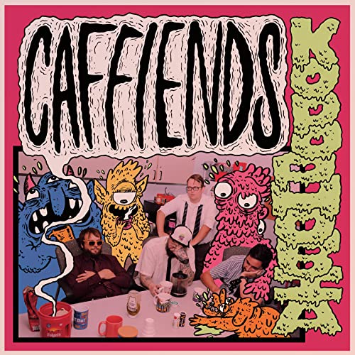 Album cover: "Caffiends - Kopophobia" featuring monsters and people at a diner.