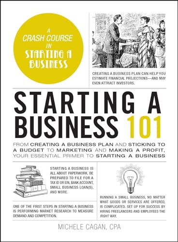 Book cover for Starting a Business 101 by Michele Cagan with illustrations and text.
