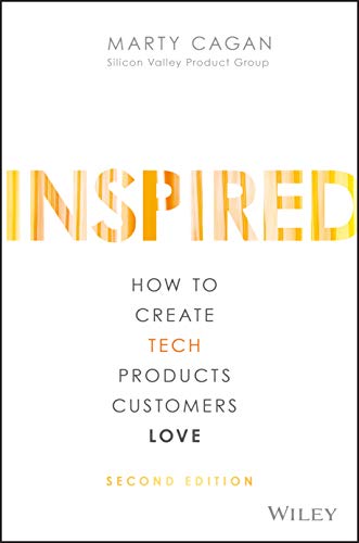 Book cover for Inspired by Marty Cagan with yellow lettering on white background.