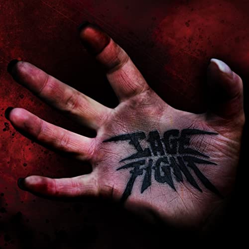 A human hand with the words Cage Fight tattooed on the palm against red background.