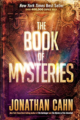 Book cover: “The Book of Mysteries” with ornate gold details and glowing light.