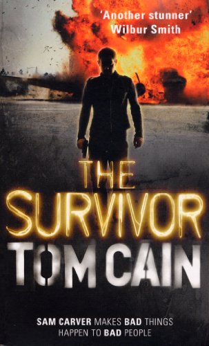 Book cover: silhouetted man, fiery explosion background, title “The Survivor”.