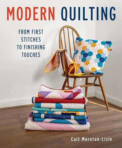 Book cover: "Modern Quilting" with stacked quilts and a chair.