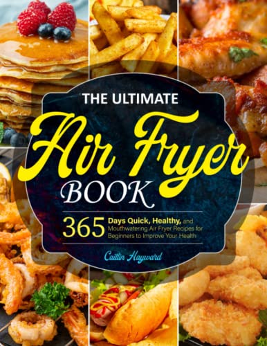 Cookbook cover featuring air fryer food: pancakes, fries, chicken, shrimp.