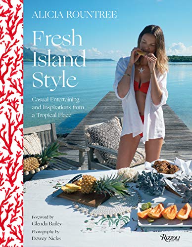 Book cover featuring a woman on a dock with tropical fruit and decor.