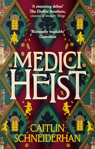 Book cover for “Medici Heist” with ornate gold and dark green pattern.