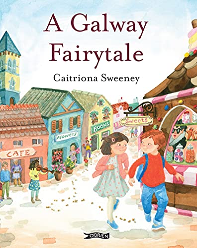 Book cover depicting children walking past colorful shops in a town.