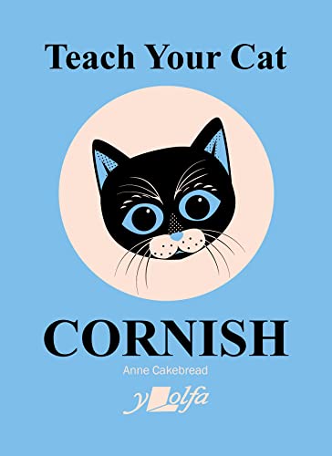 Book cover with a black cat illustration on a blue background, titled Teach Your Cat Cornish.