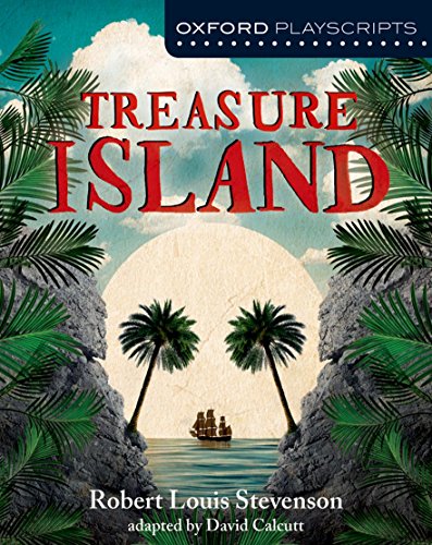 "Book cover with 'Treasure Island' title, tropical island scene, and ship on the water."