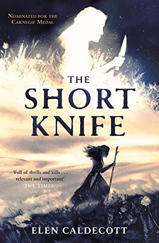 Book cover: “The Short Knife” with figures and wildflowers in a misty landscape.