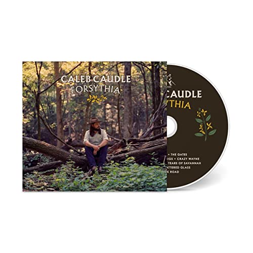 Caleb Caudle Forsythia CD cover showing a man sitting on a fallen forest tree.
