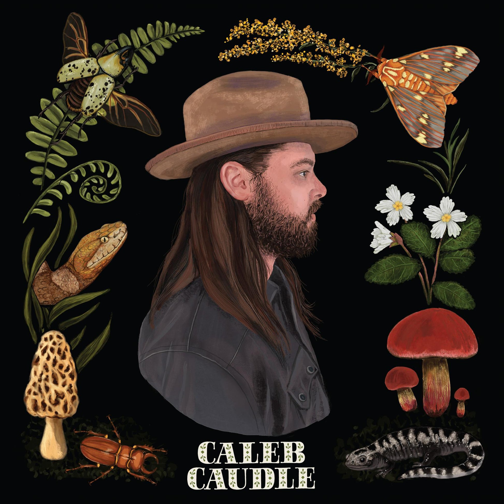 Album cover for Caleb Caudle featuring a man surrounded by insects and plants.