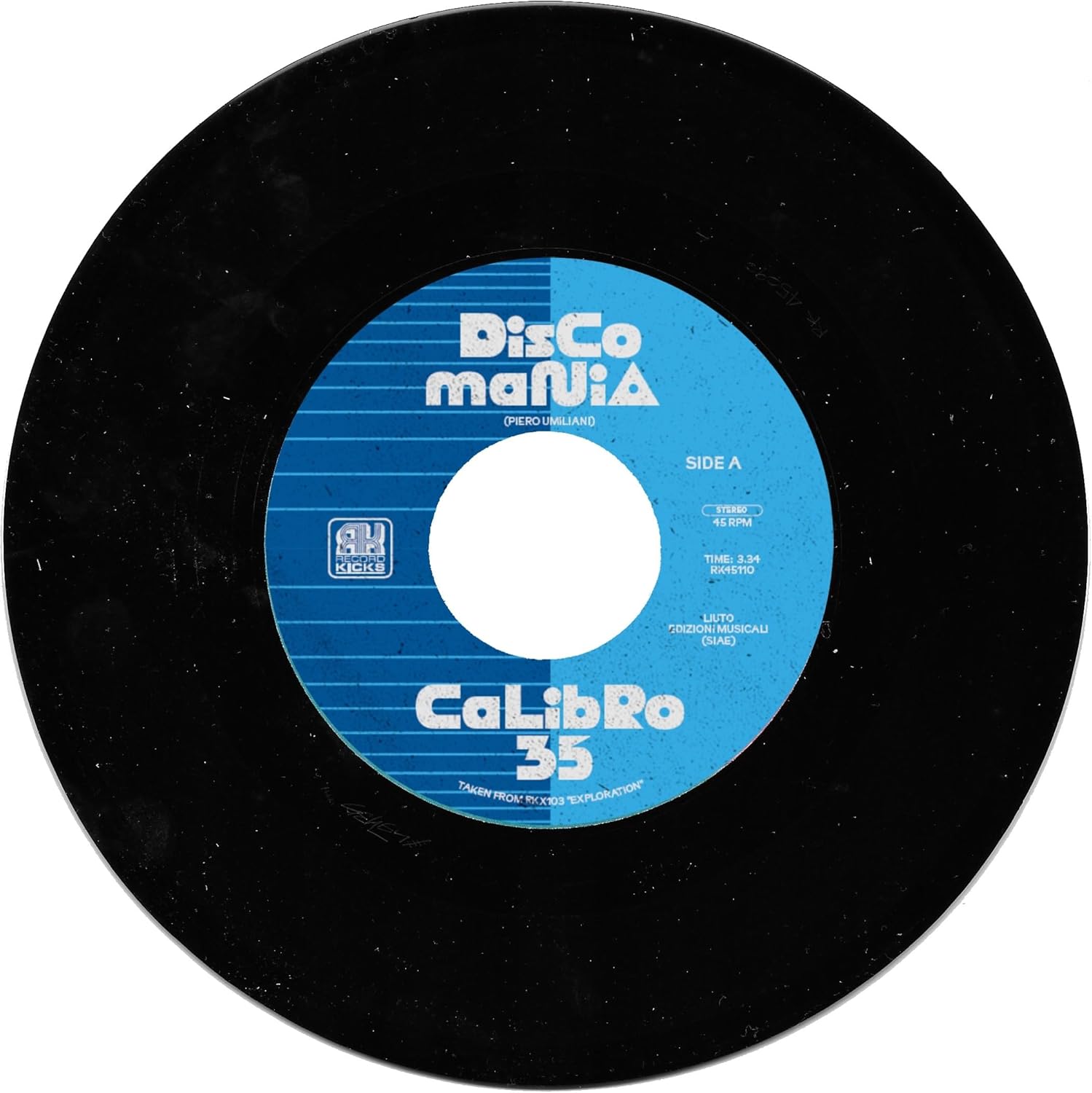 Black vinyl record label with colorful “Discomania” and “Calibro 35” text.
