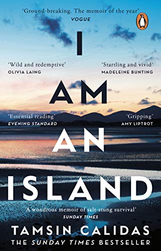 Book cover: "I Am An Island" by Tamsin Calidas, with seascape background.
