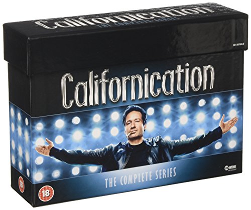 Californication The Complete Series DVD box set featuring David Duchovny against bright stage lights.