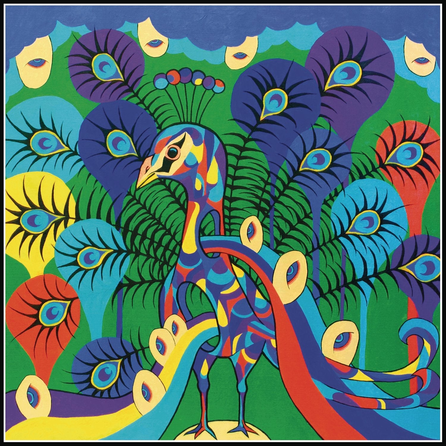 Colorful illustration of a peacock with many eyes in a stylized design.