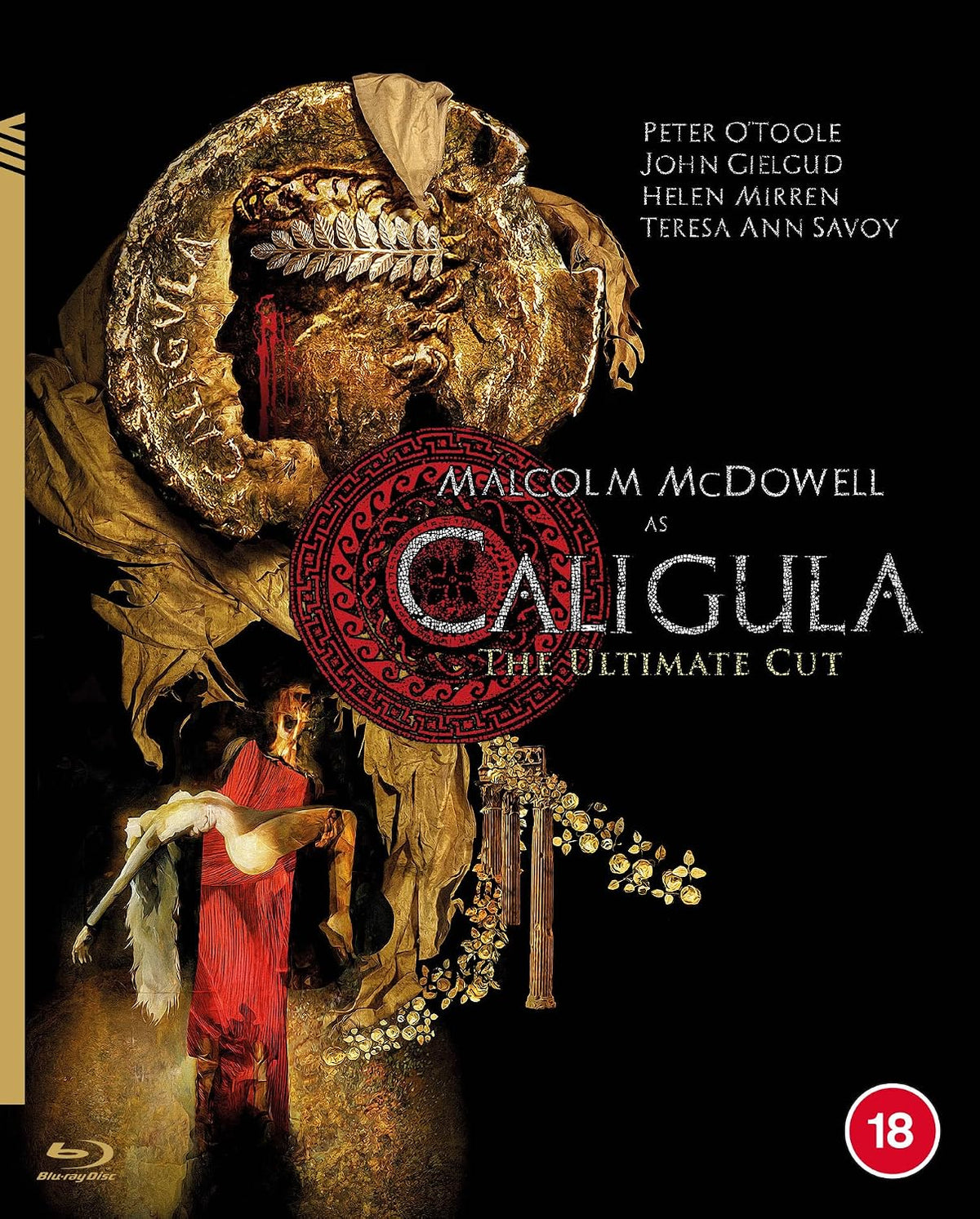 Blu-ray cover for "Caligula: The Ultimate Cut" featuring a Roman bust and figures.