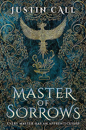 Book cover: dark teal with gold phoenix, flame, and ornate script.