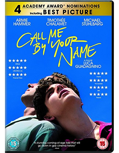 DVD cover for Call Me By Your Name featuring two men against blue sky.