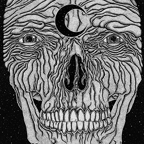 Black and white illustration of a skull with a crescent moon on its forehead.