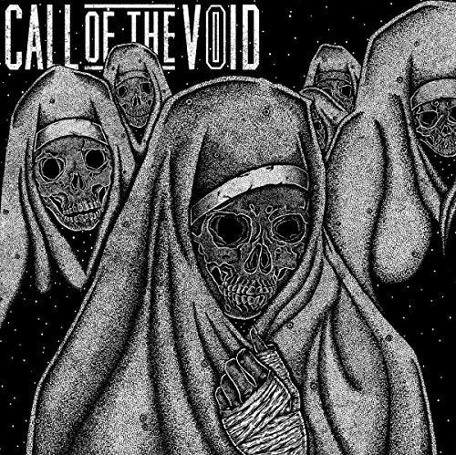 "Black and white album cover featuring hooded figures with skull faces against a starry background."