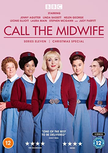Five women in midwife uniforms on pink DVD cover background.