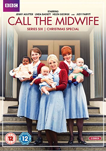 Four women in blue uniforms holding babies, standing on steps, "Call The Midwife" title above.