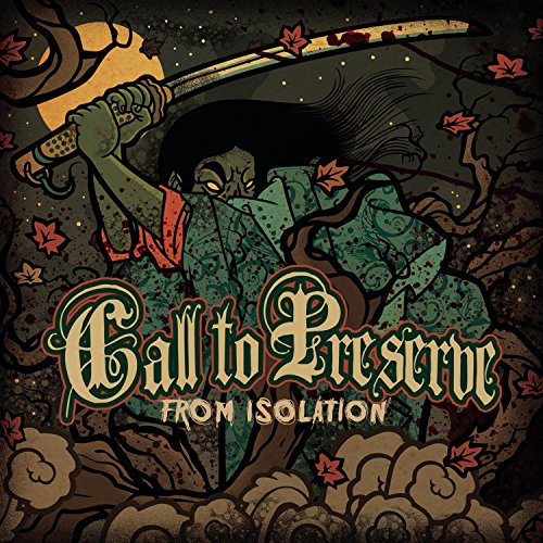 "Album cover art: a samurai wielding a bloody sword, surrounded by autumn leaves."