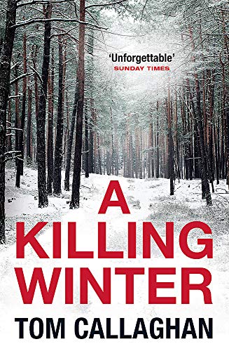 Book cover: snowy forest scene with large red title, “A Killing Winter.”