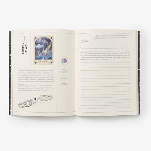 Open tarot workbook displaying the Ten of Wands card and lined writing space.