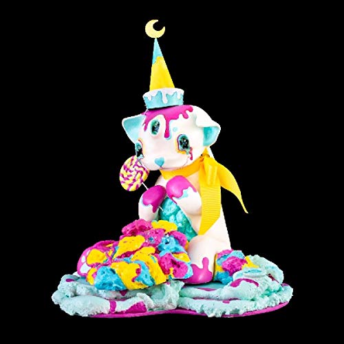 A white, cartoon dog figurine with colorful paint splatters, wearing a party hat.