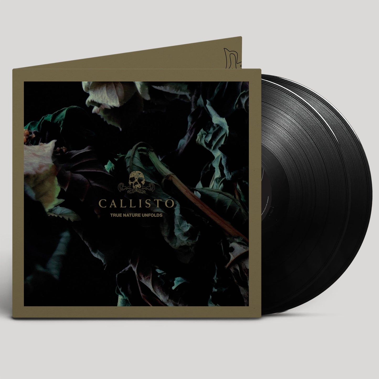 Vinyl record with dark floral imagery and a skull emblem on the cover.