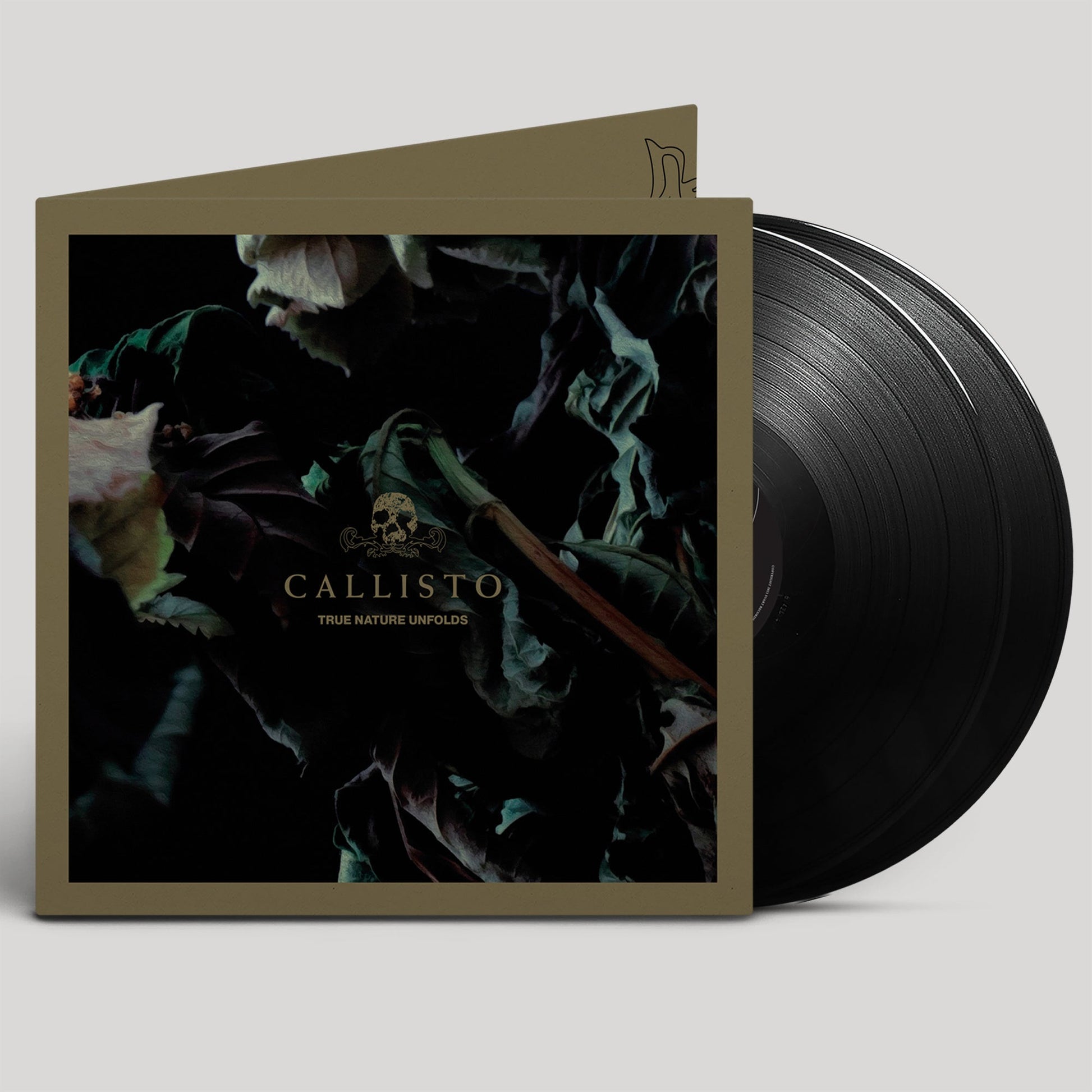Vinyl record with dark floral imagery and a skull emblem on the cover.