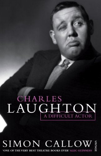Black and white portrait of Charles Laughton, book cover with pink text.