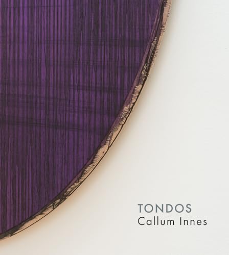 Purple abstract painting on a circular canvas, with title text.
