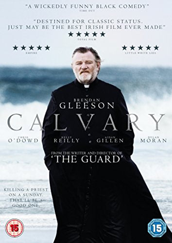 DVD cover for "Calvary" featuring Brendan Gleeson as a priest by the sea.