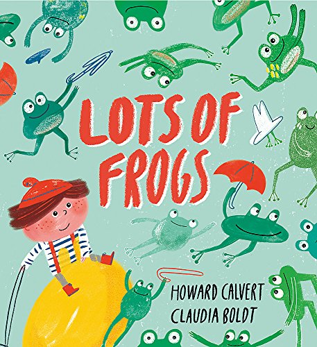Book cover with illustrated frogs and a child in yellow coat.