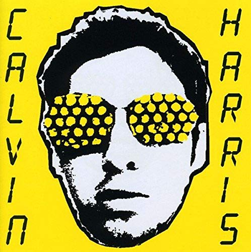 Black and white portrait of Calvin Harris wearing yellow dotted sunglasses on yellow background.
