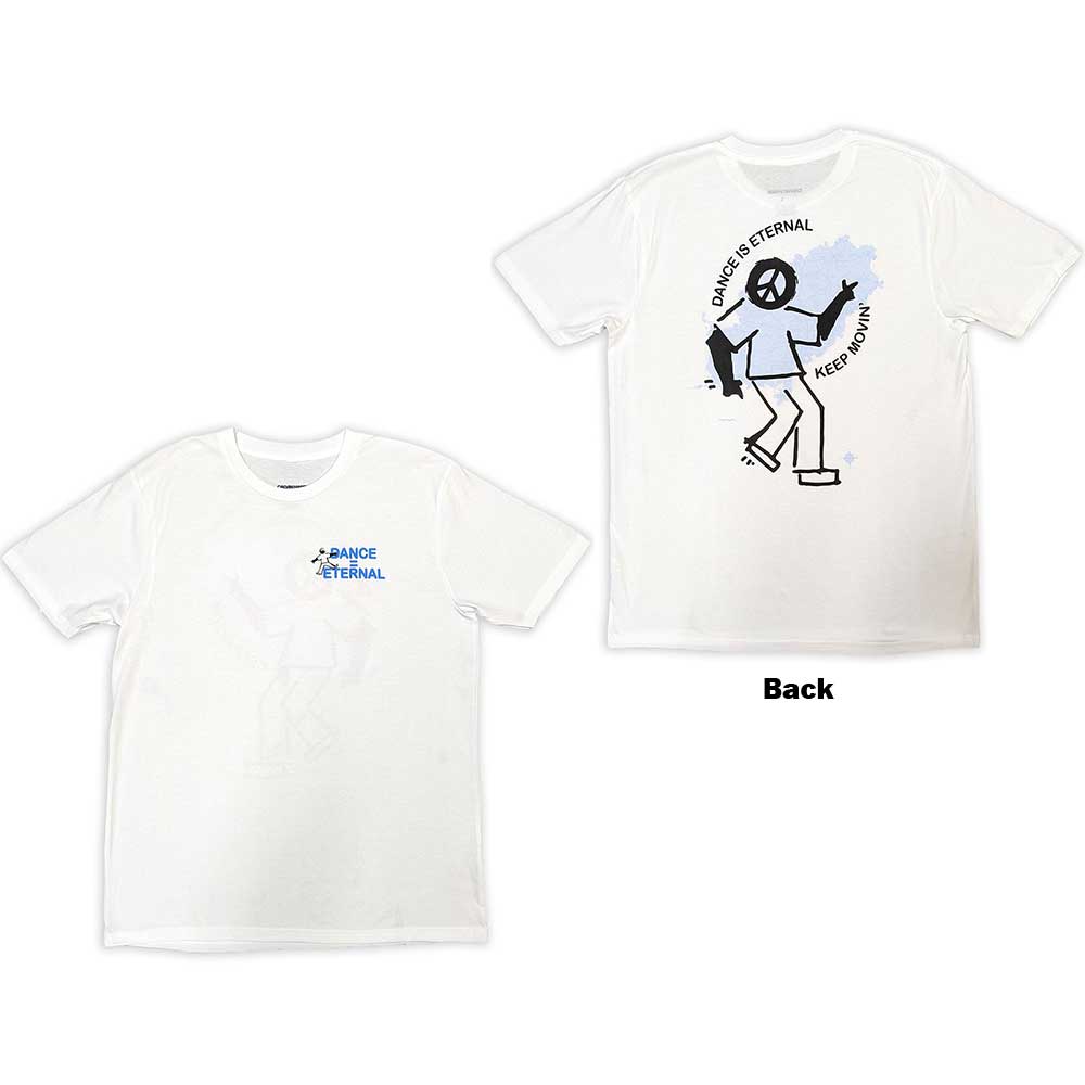 White t-shirt with black graphic of a dancing figure on the back.