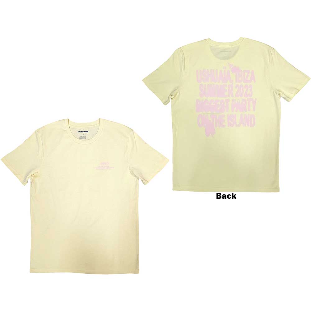 Pale yellow Calvin Harris t-shirt with pink text on the back.