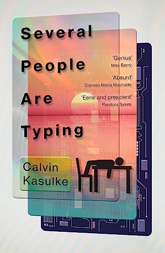 Book cover with colorful, layered design and a person at a keyboard.